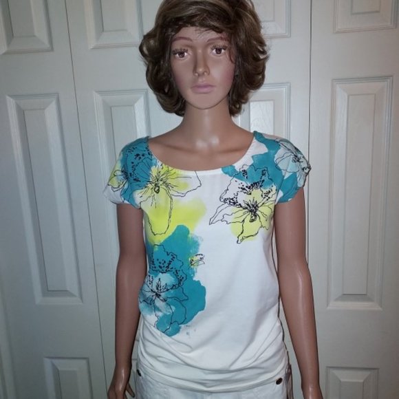 Tag White w/Turquoise/Yellow/Black Floral Cap Sleeve Top Size SP NWT - Picture 1 of 8